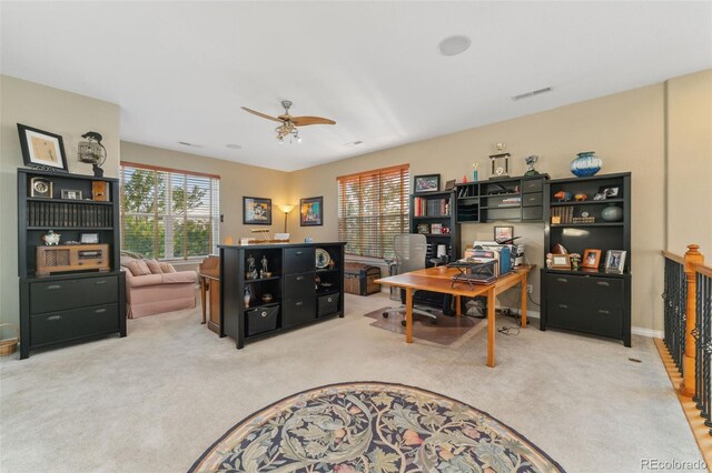 881 Kirby Ct, Watkins, CO 80137 - office area featuring light carpet and a ceiling fan