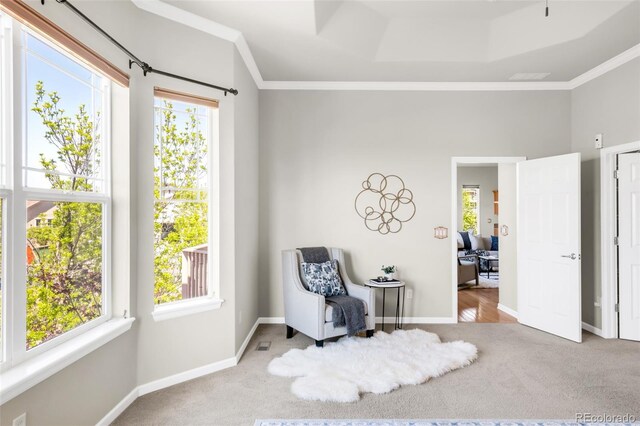 4519 Silver Mountain Loop, Broomfield, CO 80023 - sitting room featuring carpet flooring, crown molding, and baseboards