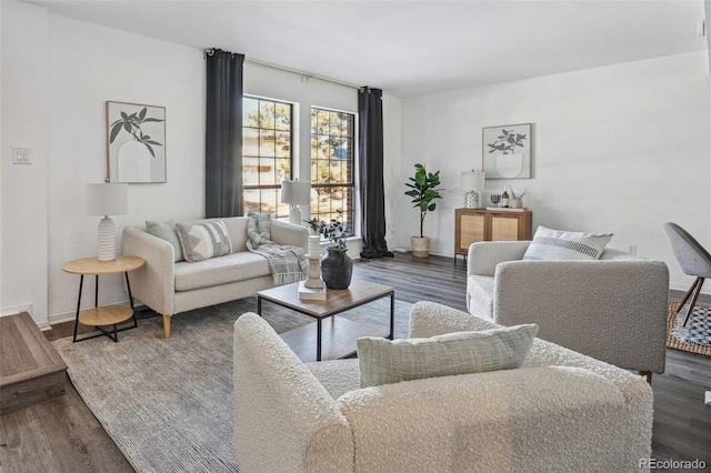 living room with dark hardwood / wood-style floors