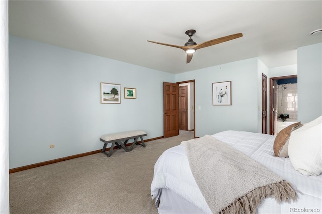 bedroom featuring light carpet, ceiling fan, and baseboards