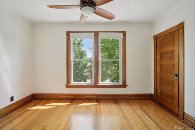 unfurnished room featuring ceiling fan and light hardwood / wood-style flooring