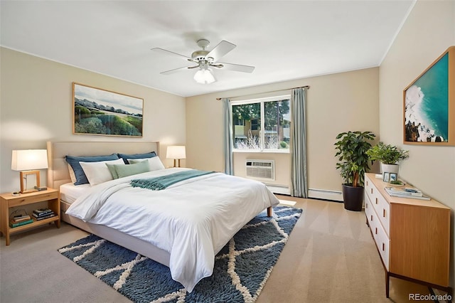 740 S Alton Way Unit 2A, Denver, CO 80247 - bedroom with light colored carpet, a baseboard radiator, a ceiling fan, and an AC wall unit