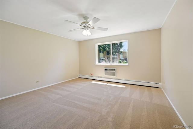 740 S Alton Way Unit 2A, Denver, CO 80247 - unfurnished room featuring a baseboard heating unit, carpet floors, a ceiling fan, and a wall mounted air conditioner