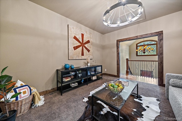 8090 S Homesteader Dr, Morrison, CO 80465 - living room with carpet and a chandelier