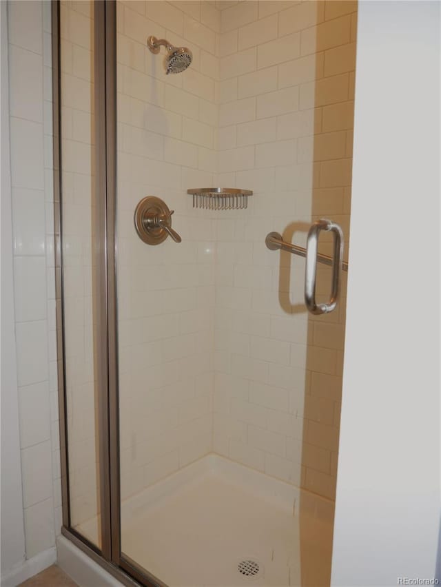 bathroom featuring a shower with door