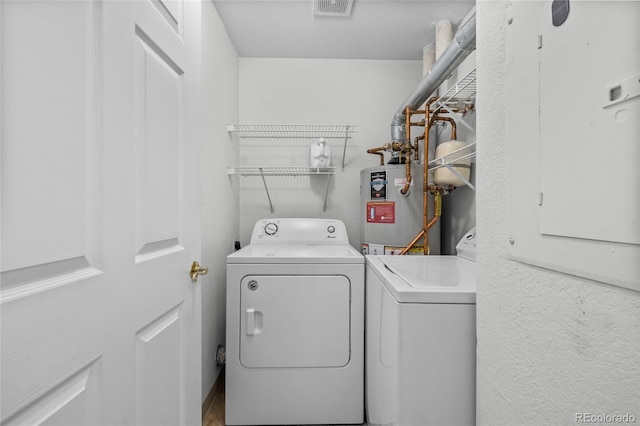 laundry area with separate washer and dryer and water heater