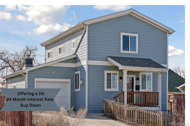 view of front of home featuring an attached garage, fence, driveway, central air condition unit, and a chimney
