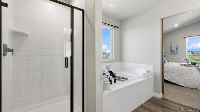 bathroom featuring a wealth of natural light, hardwood / wood-style floors, and independent shower and bath