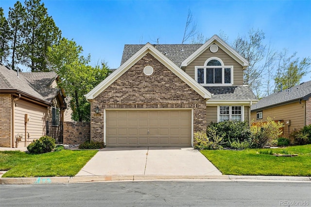 2252 S Yosemite Cir, Denver, CO 80231 - view of front facade featuring driveway, roof with shingles, a front yard, a garage, and brick siding