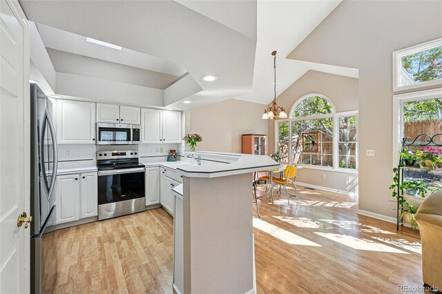 2252 S Yosemite Cir, Denver, CO 80231 - kitchen with an inviting chandelier, a peninsula, light wood-style floors, baseboards, and stainless steel appliances