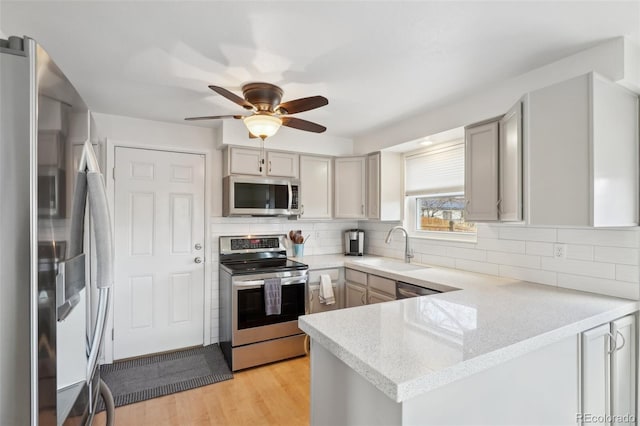 kitchen featuring stainless steel appliances, tasteful backsplash, light wood-style floors, a sink, and a peninsula