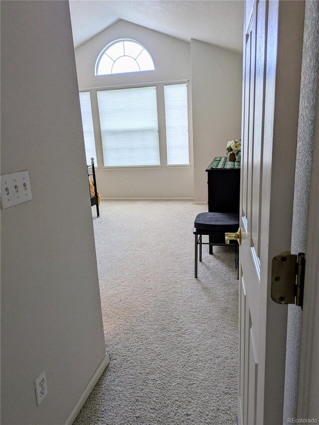 living area with lofted ceiling and carpet