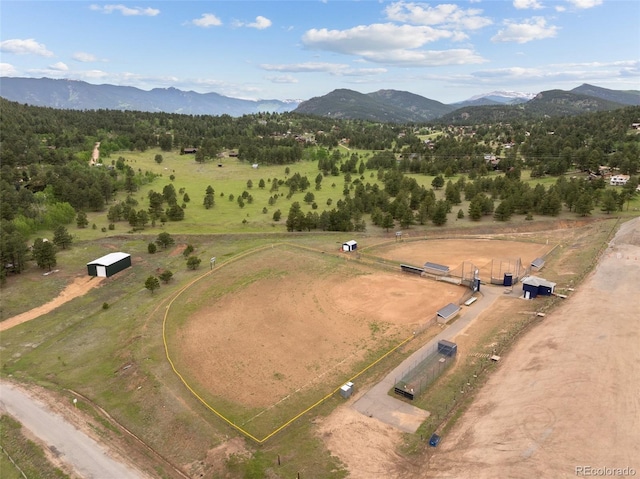 drone / aerial view featuring a mountain view