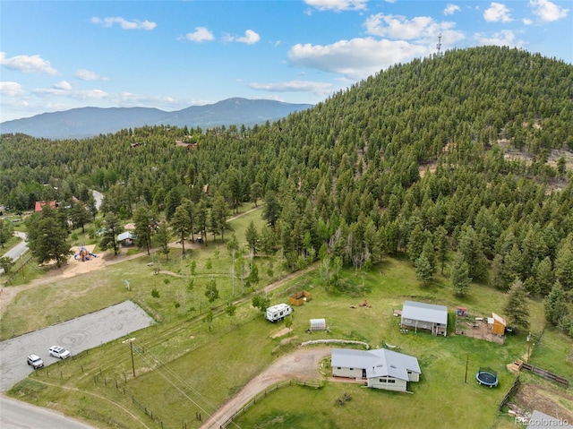 drone / aerial view featuring a mountain view