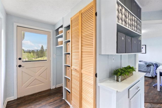 entryway with dark wood-type flooring and a textured ceiling