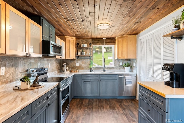 kitchen with wooden ceiling, backsplash, sink, dark hardwood / wood-style floors, and appliances with stainless steel finishes