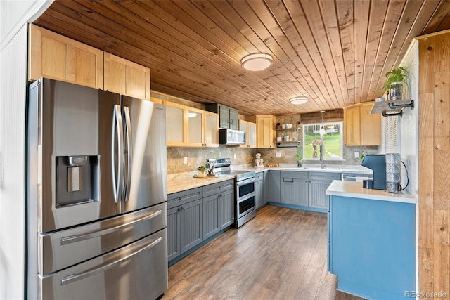 kitchen featuring wooden ceiling, decorative backsplash, gray cabinets, appliances with stainless steel finishes, and dark hardwood / wood-style flooring