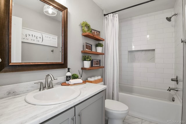 full bathroom featuring marble finish floor, toilet, shower / bathtub combination with curtain, and vanity