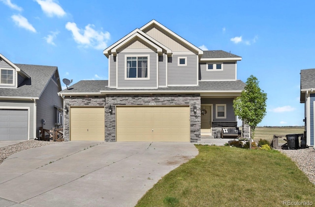 6654 Backcountry Loop, Colorado Springs, CO 80927 - craftsman-style house featuring concrete driveway, a front lawn, a garage, and stone siding