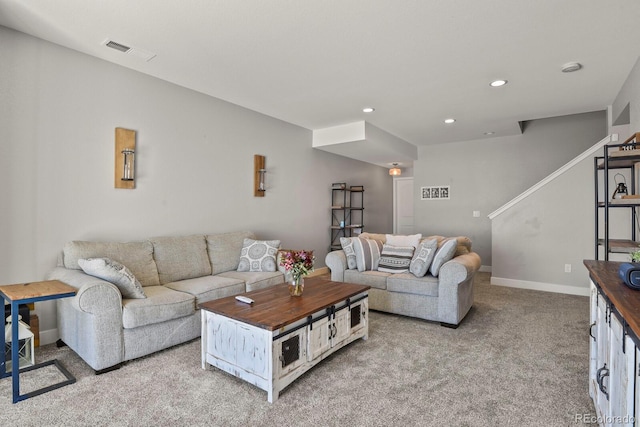 6654 Backcountry Loop, Colorado Springs, CO 80927 - living room featuring carpet floors, stairway, recessed lighting, and baseboards