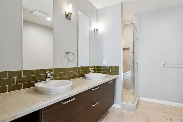 2335 Walnut St Unit 10, Denver, CO 80205 - full bathroom with double vanity, a shower stall, tile patterned floors, and backsplash
