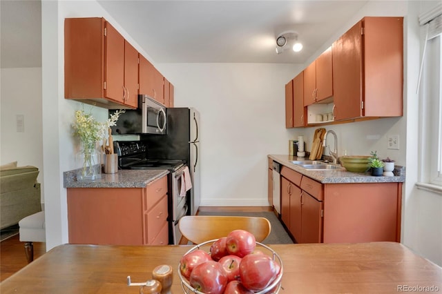 1201 Race St Unit 10, Denver, CO 80206 - kitchen with appliances with stainless steel finishes, a sink, baseboards, and wood finished floors