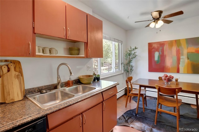 1201 Race St Unit 10, Denver, CO 80206 - kitchen with a sink, dishwasher, ceiling fan, open shelves, and wood finished floors