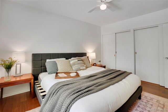 1201 Race St Unit 10, Denver, CO 80206 - bedroom featuring multiple closets, wood finished floors, and a ceiling fan