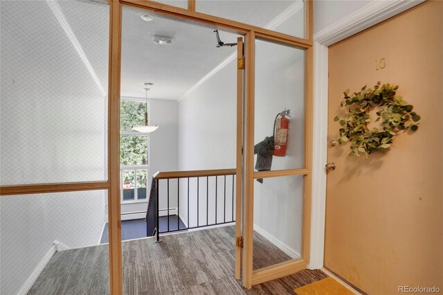 1201 Race St Unit 10, Denver, CO 80206 - corridor featuring ornamental molding, wood finished floors, baseboards, and a baseboard heating unit