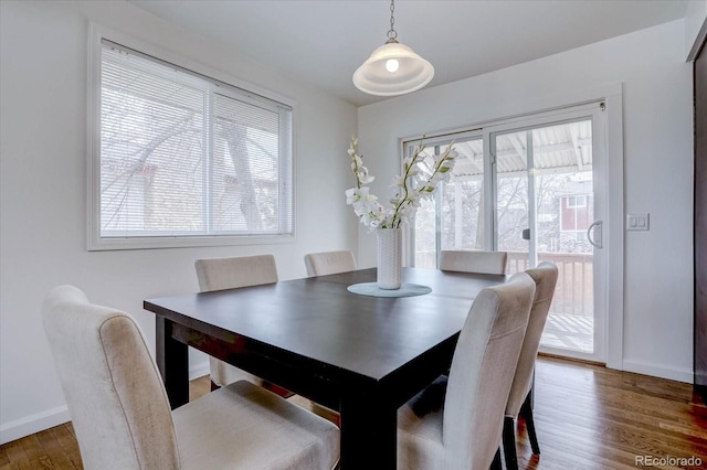 dining space with dark hardwood / wood-style floors