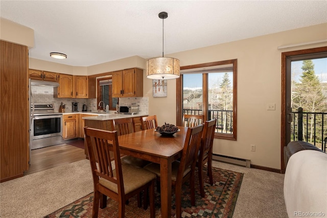 143 Forest Trl Unit 210, Winter Park, CO 80482 - carpeted dining space featuring a baseboard heating unit, a sink, and baseboards