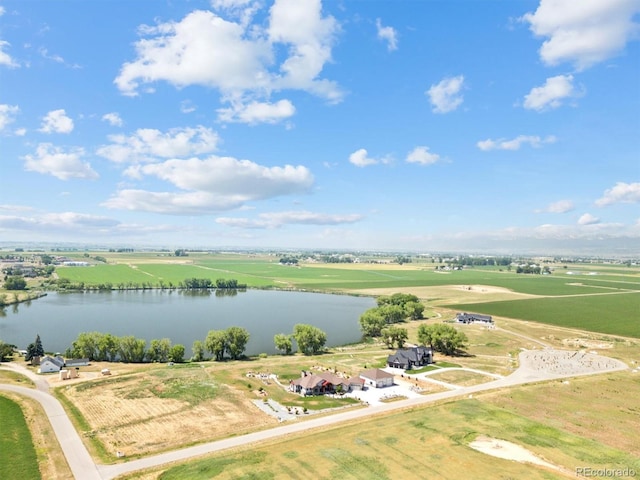 bird's eye view featuring a rural view and a water view