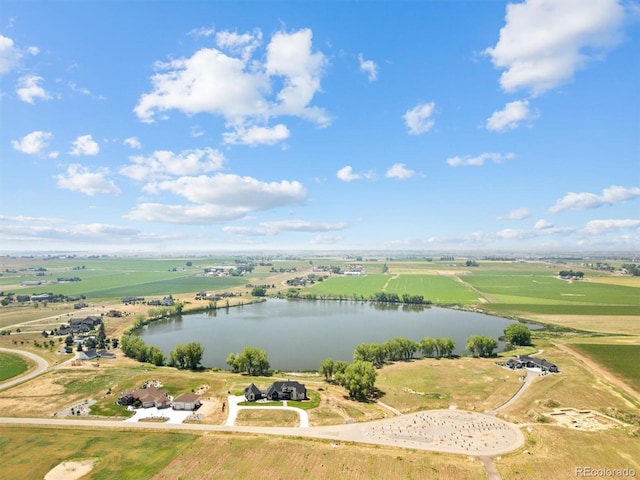 bird's eye view featuring a rural view and a water view