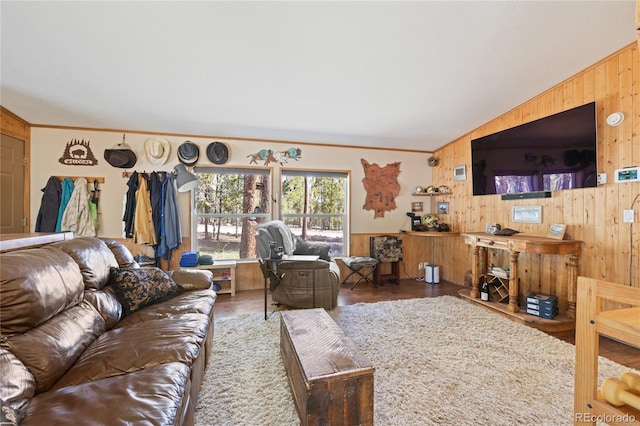246 Spruce Dr, Twin Lakes, CO 81251 - living room with wooden walls, wood finished floors, and ornamental molding