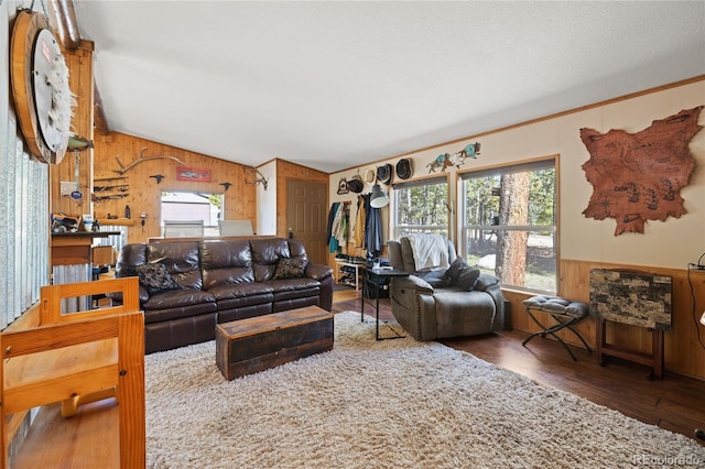 246 Spruce Dr, Twin Lakes, CO 81251 - living room with wood walls, vaulted ceiling, wood-type flooring, and a wainscoted wall