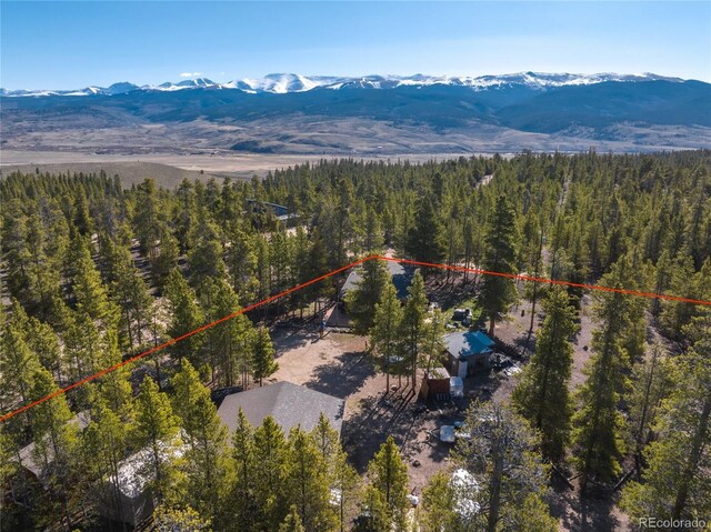246 Spruce Dr, Twin Lakes, CO 81251 - view of property location with a heavily wooded area, a mountain backdrop, and property boundaries highlighted