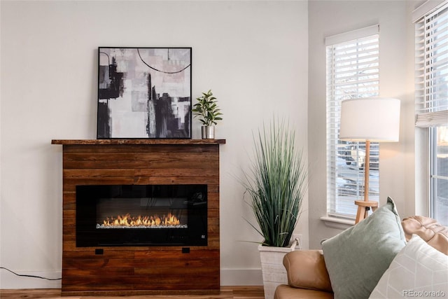 living area featuring a glass covered fireplace