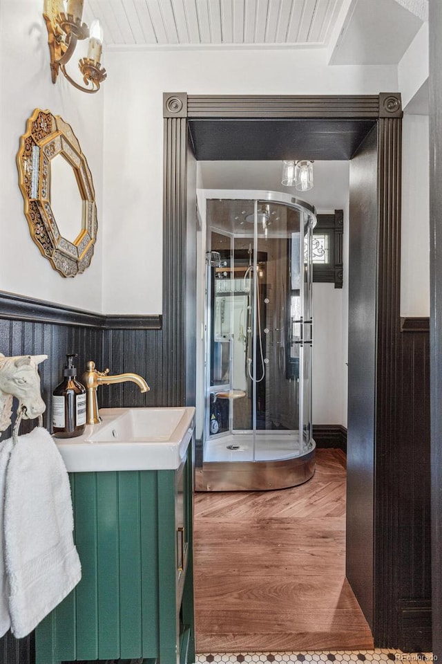 bathroom with vanity, wood finished floors, and wainscoting