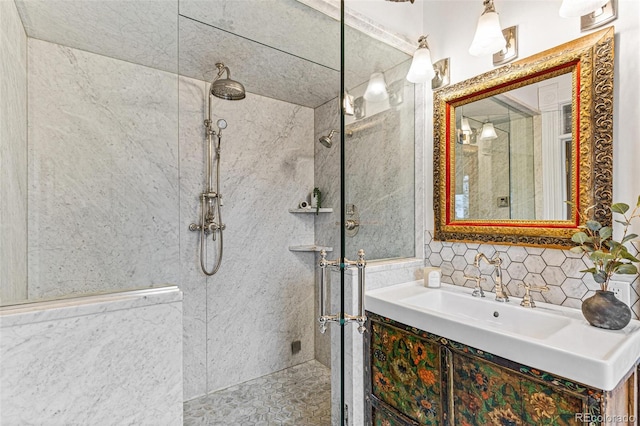 full bathroom featuring tasteful backsplash and a walk in shower