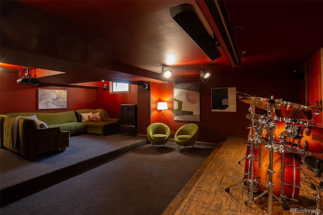 home theater room with carpet floors