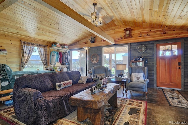 1106 Hull Ave, Westcliffe, CO 81252 - living area with vaulted ceiling, plenty of natural light, and wood ceiling