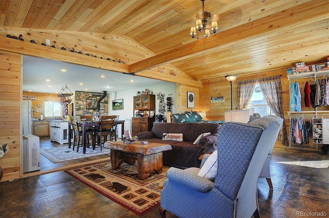 1106 Hull Ave, Westcliffe, CO 81252 - living area with a wood stove, lofted ceiling, healthy amount of natural light, wood ceiling, and wood walls