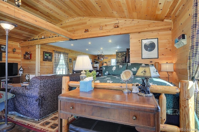 1106 Hull Ave, Westcliffe, CO 81252 - living area with vaulted ceiling, wooden walls, and wood ceiling
