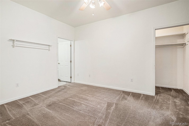 unfurnished bedroom with ceiling fan, a closet, and carpet floors