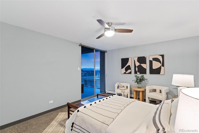 carpeted bedroom featuring ceiling fan, a baseboard radiator, baseboards, access to exterior, and baseboard heating