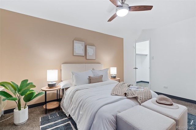 bedroom featuring carpet, baseboards, and a ceiling fan