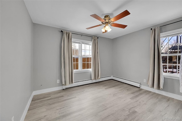 empty room with ceiling fan, light hardwood / wood-style floors, and baseboard heating