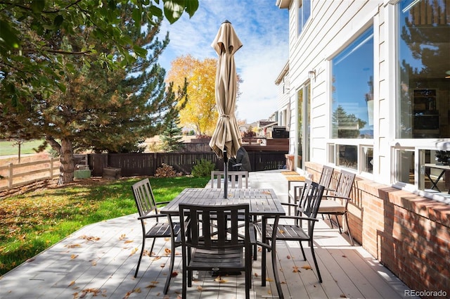 view of patio / terrace with a deck, outdoor dining area, and a fenced backyard