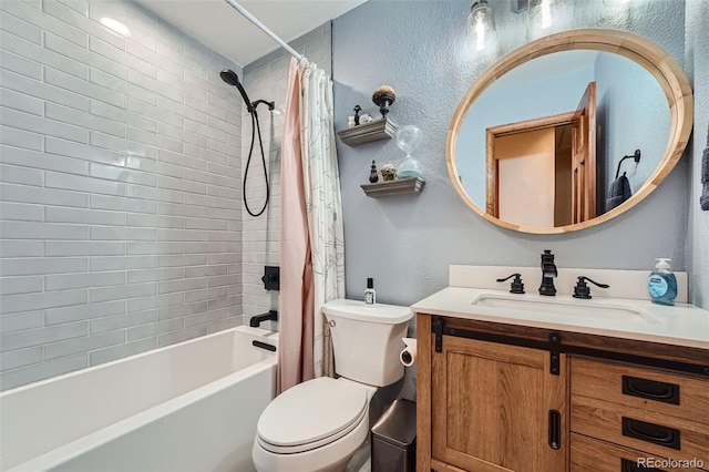 full bathroom with toilet, vanity, and shower / tub combo with curtain