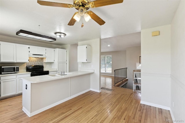 5886 S Nepal Way, Centennial, CO 80015 - kitchen with black electric range, under cabinet range hood, stainless steel microwave, light countertops, and light wood-style flooring